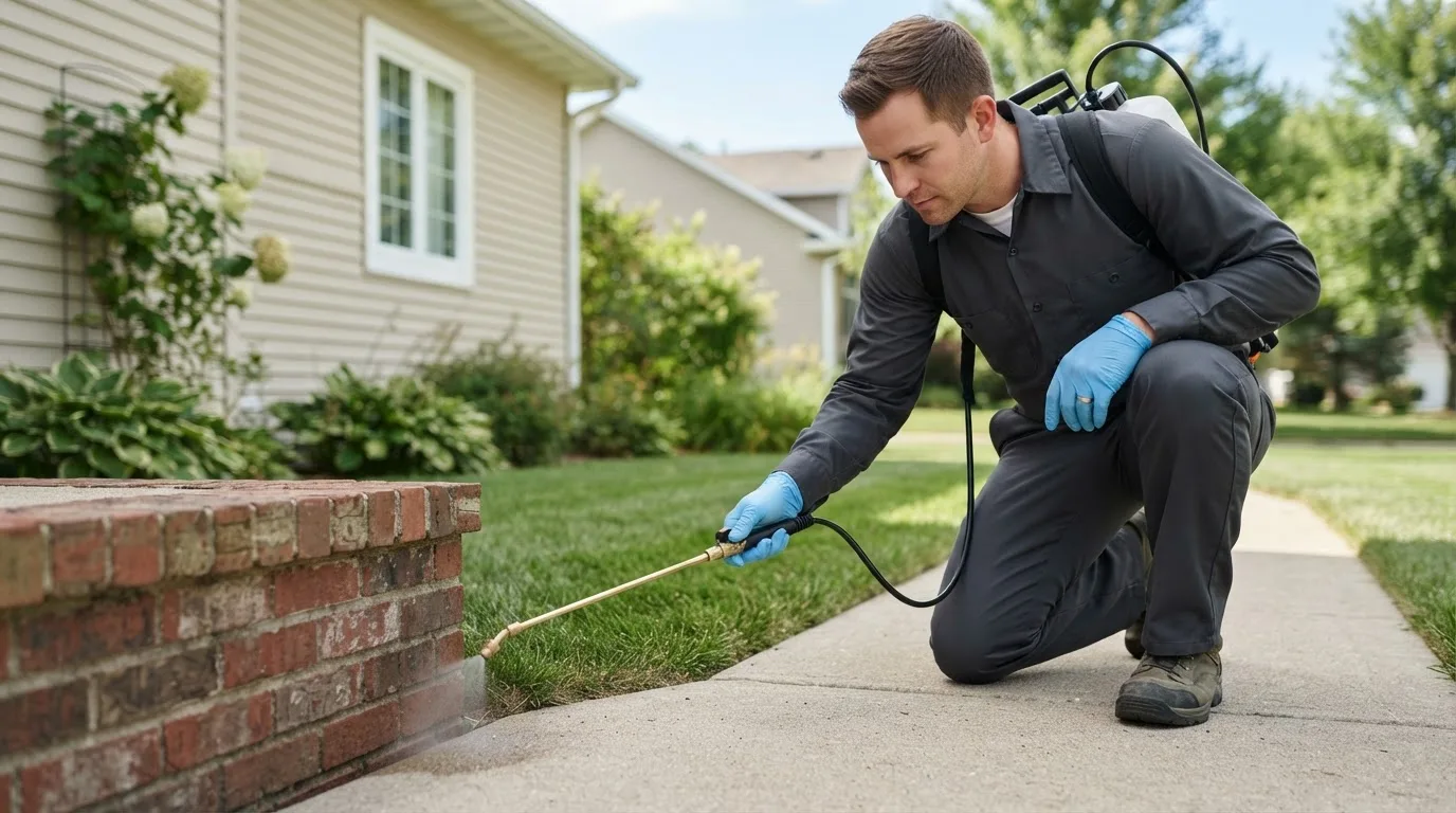 Pest control technician treating a home near Oakfield, ME