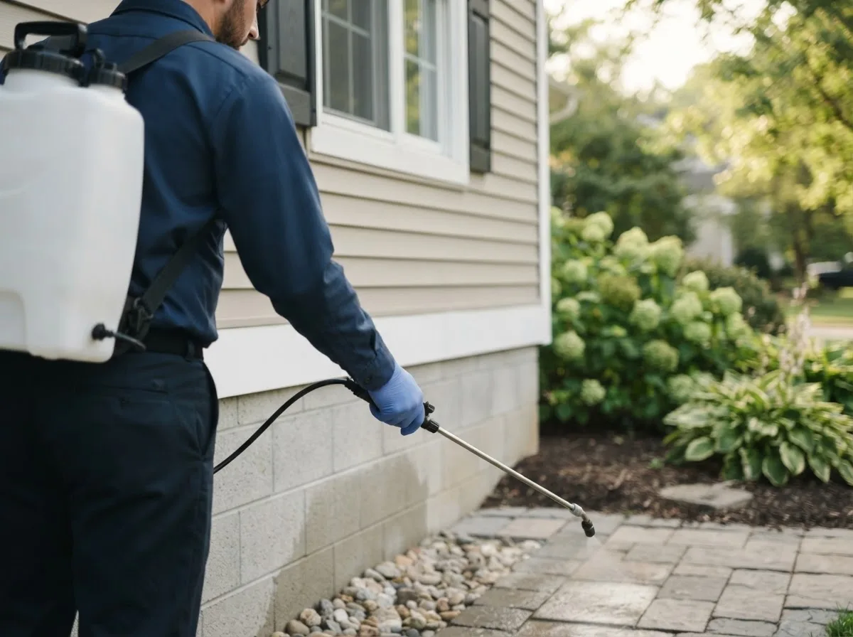 Pest control technician inspecting a home in Oakfield, ME